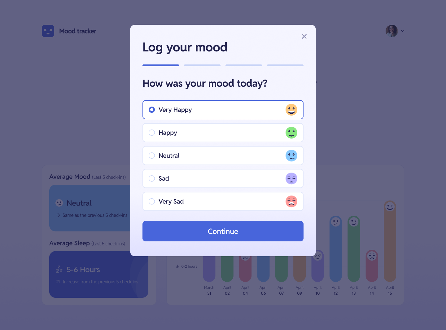 Modal screen with form to add new mood entry