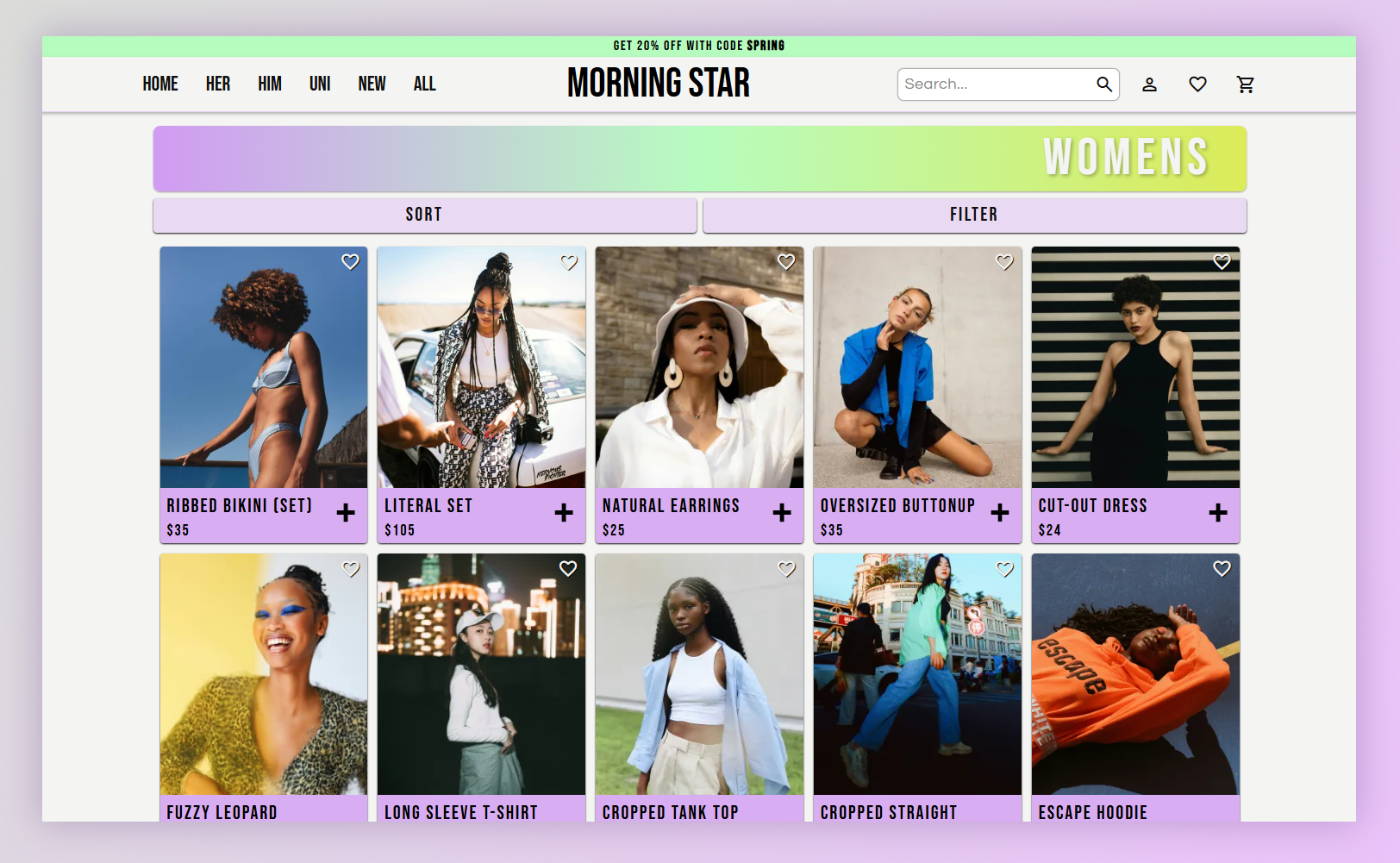 Screenshot of the Women's products section of Morningstar. The page is light with pastel colored accents and gradients.
