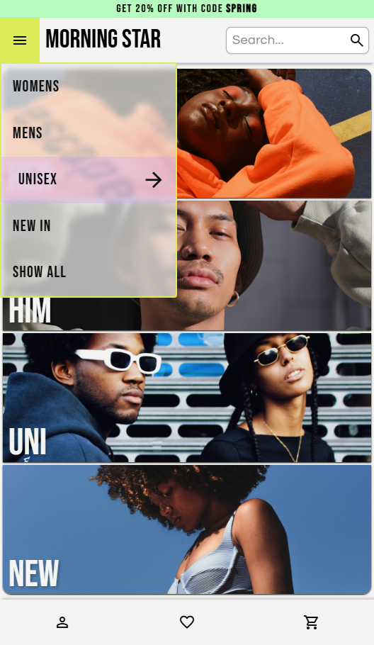 Home page for small screens with dropdown navigation menu visible