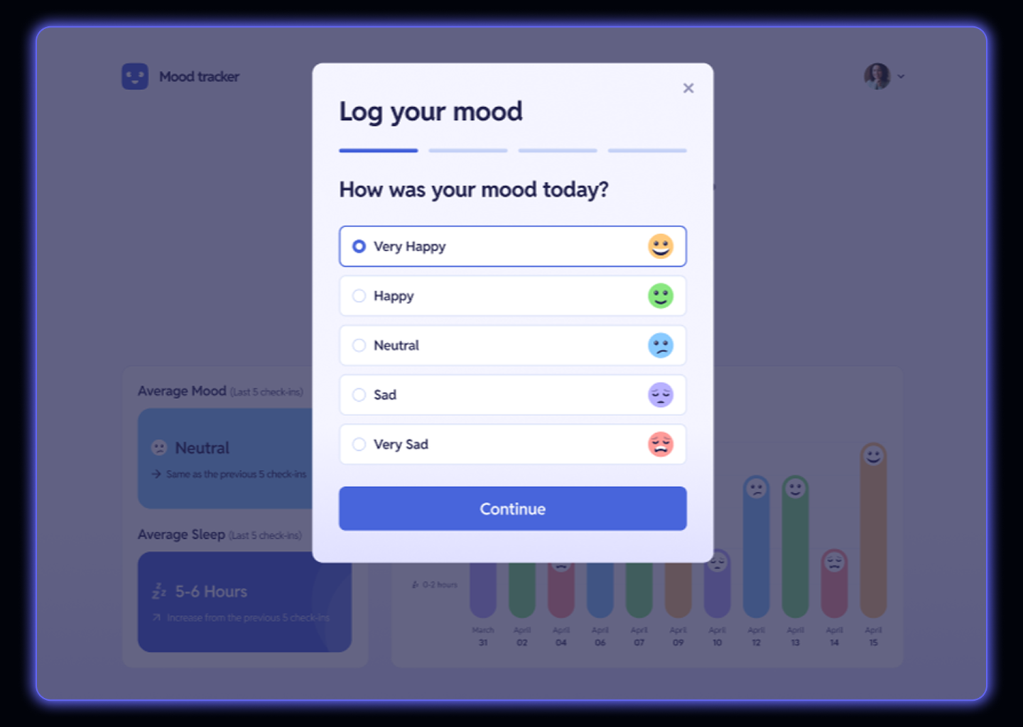 Modal screen with form to add new mood entry of project: Mood Tracking