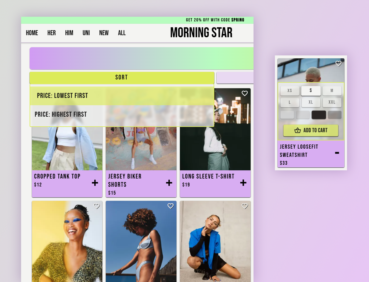 Products page details - menus and hover effects