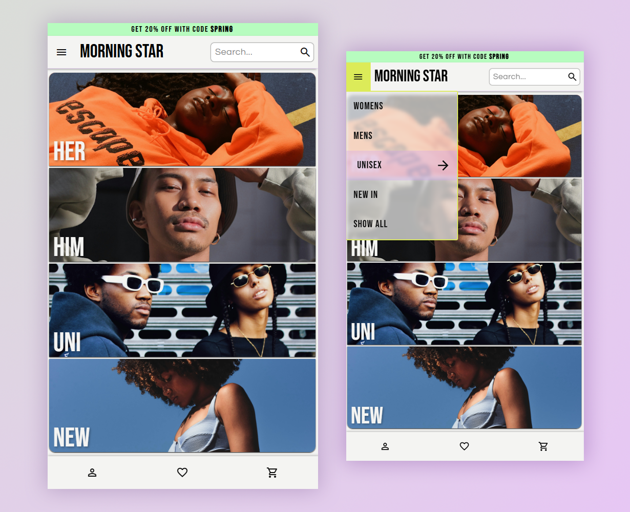 Home page for small screens and dropdown menu